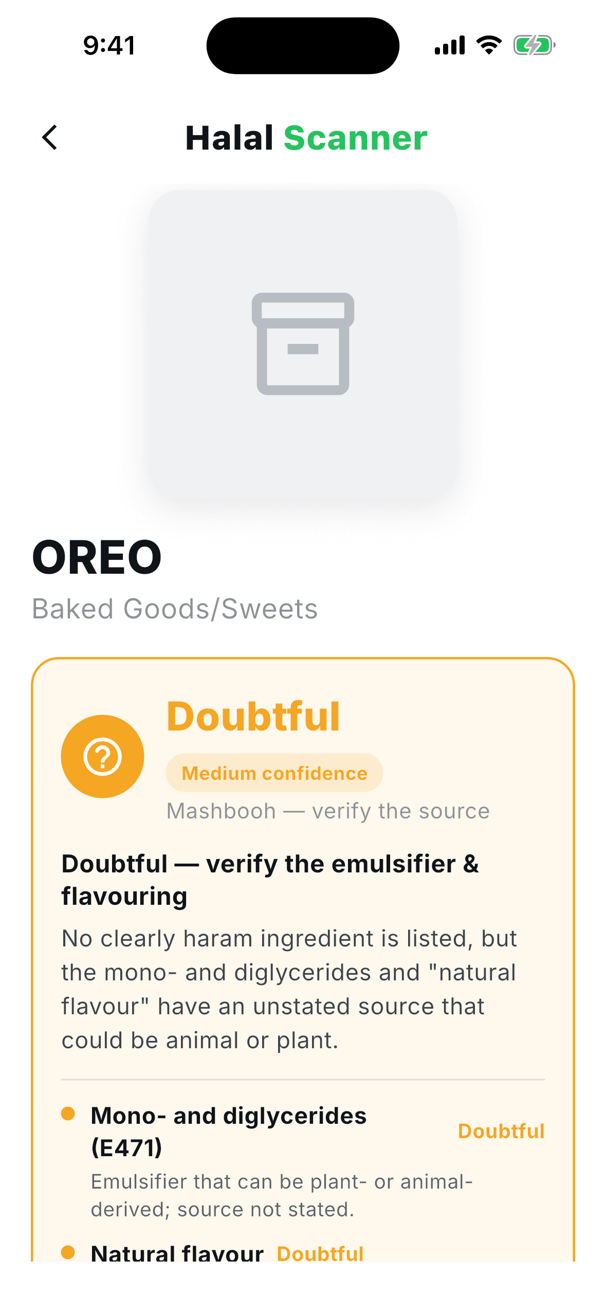Daleel result identifying a doubtful ingredient